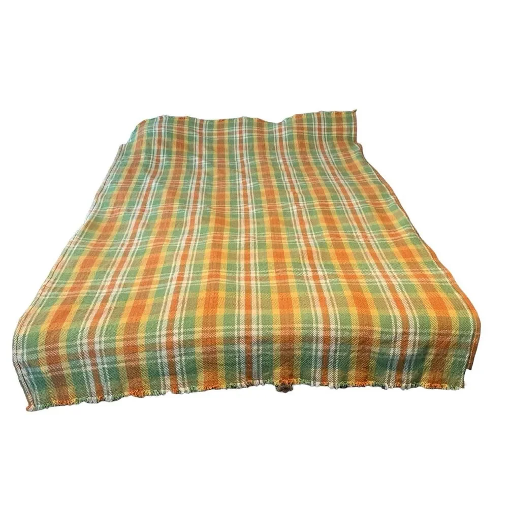 April Cornell Orange Yellow Green Plaid and Fringe Rectangular Tablecloth 80x54